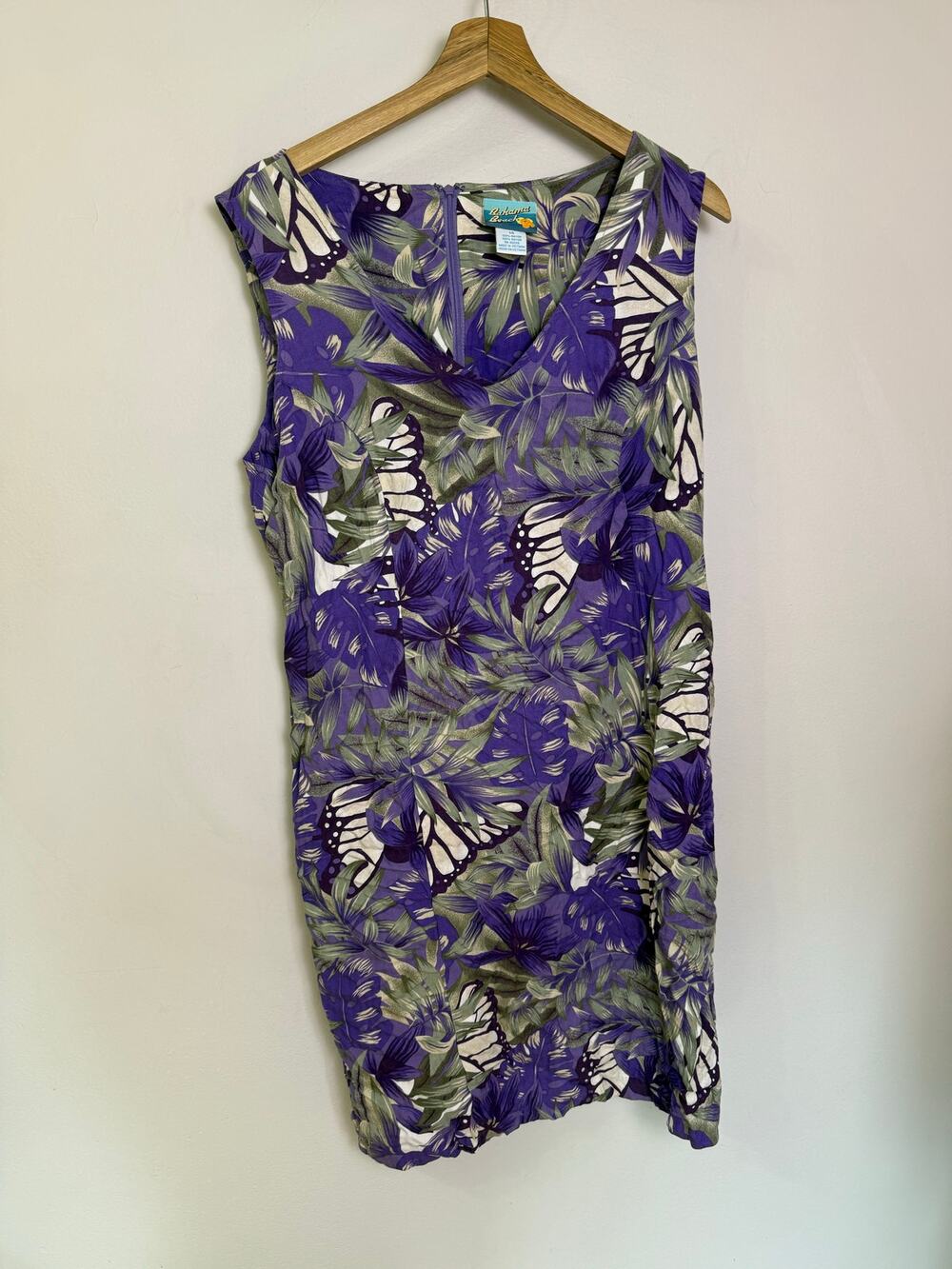 Bahama Beach Sheath Dress 14 Purple Green Palm Butterfly Wing Print Sleeveless